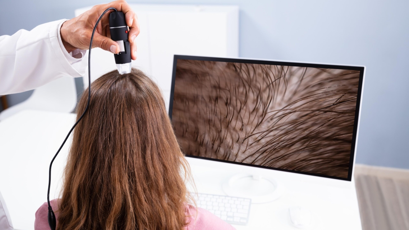 Advanced hair biorejuvenation with PRF and laser therapy at Reveal Clinics Riyadh.