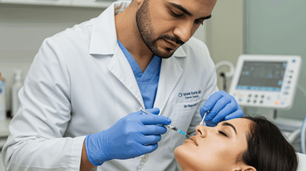 Cosmetologist performing advanced biostimulatory filler treatment at Reveal Clinics Riyadh.