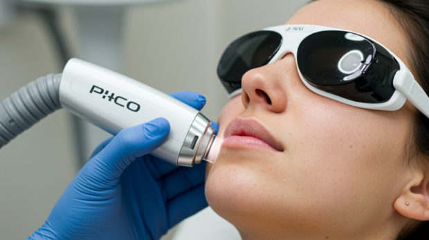 Pico Laser treatment being performed at a cosmetology clinic